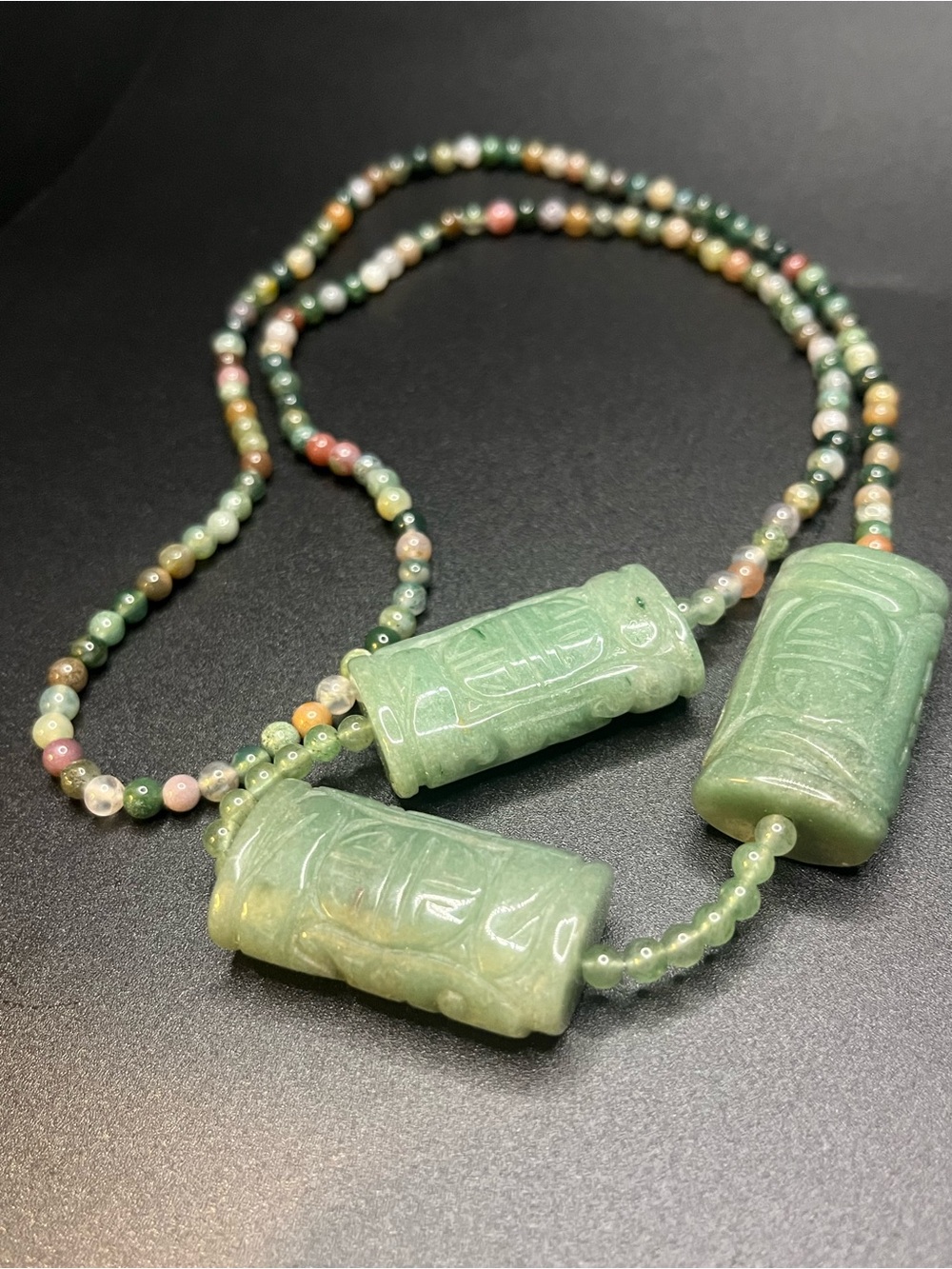 Vintage Carved Tested Jade Barrel Necklace 30” Natural Stone Beaded Statement